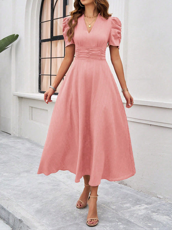 Women's Midi Dress V-Neck With Puff Sleeves And Ruffle Waist