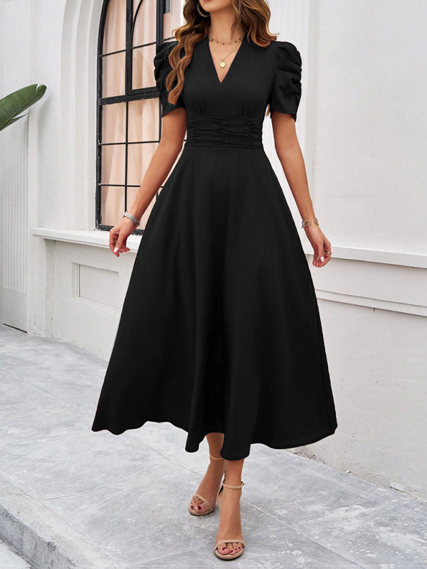 Women's Midi Dress V-Neck With Puff Sleeves And Ruffle Waist