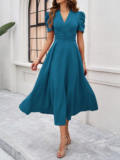 Women's Midi Dress V-Neck With Puff Sleeves And Ruffle Waist