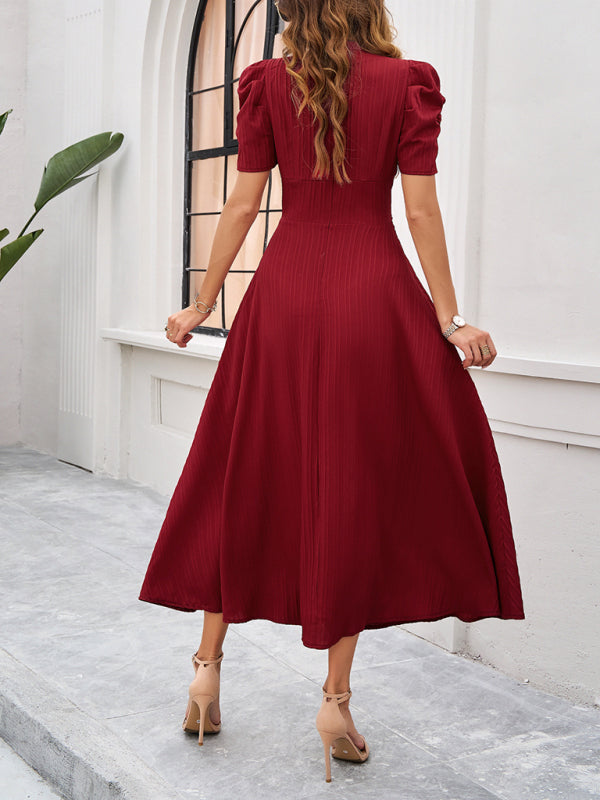 Women's Midi Dress V-Neck With Puff Sleeves And Ruffle Waist