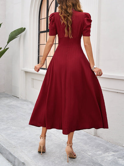Women's Midi Dress V-Neck With Puff Sleeves And Ruffle Waist