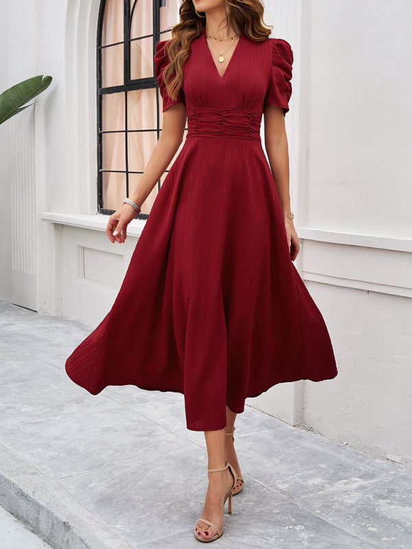 Women's Midi Dress V-Neck With Puff Sleeves And Ruffle Waist