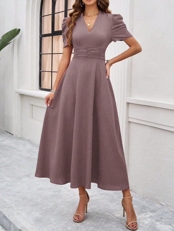 Women's Midi Dress V-Neck With Puff Sleeves And Ruffle Waist