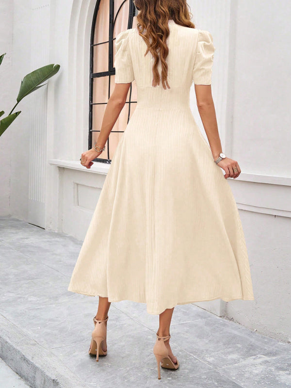Women's Midi Dress V-Neck With Puff Sleeves And Ruffle Waist