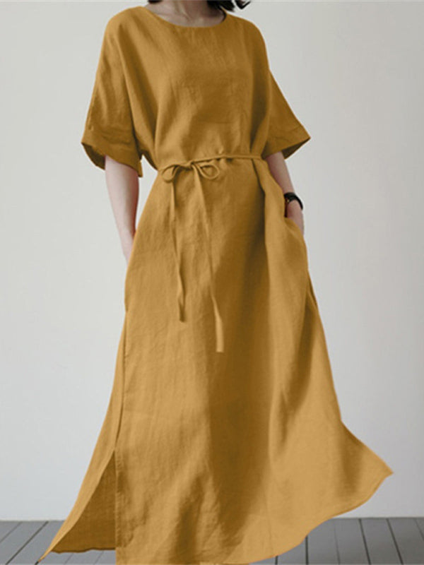 Women's Midi Dress With Belt And Side Slit