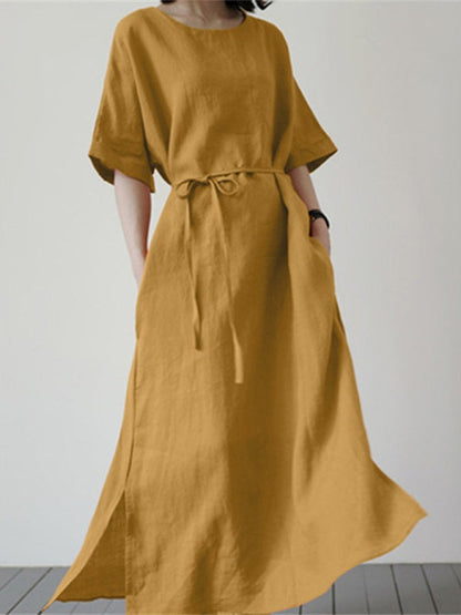Women's Midi Dress With Belt And Side Slit