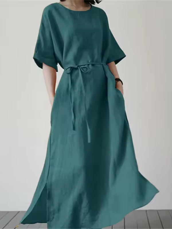 Women's Midi Dress With Belt And Side Slit