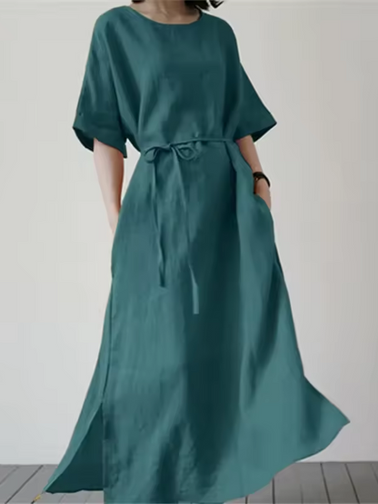 Women's Midi Dress With Belt And Side Slit