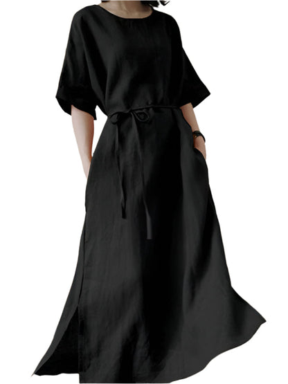 Women's Midi Dress With Belt And Side Slit
