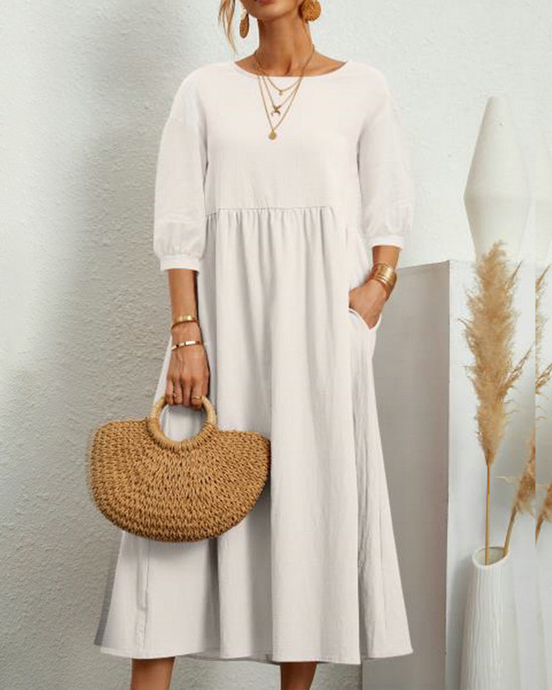 Women's Midi Dress With Round Neckline And Lateral Hemline