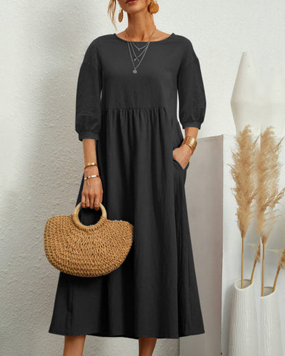 Women's Midi Dress With Round Neckline And Lateral Hemline