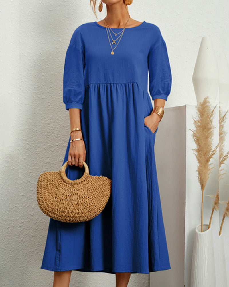 Women's Midi Dress With Round Neckline And Lateral Hemline