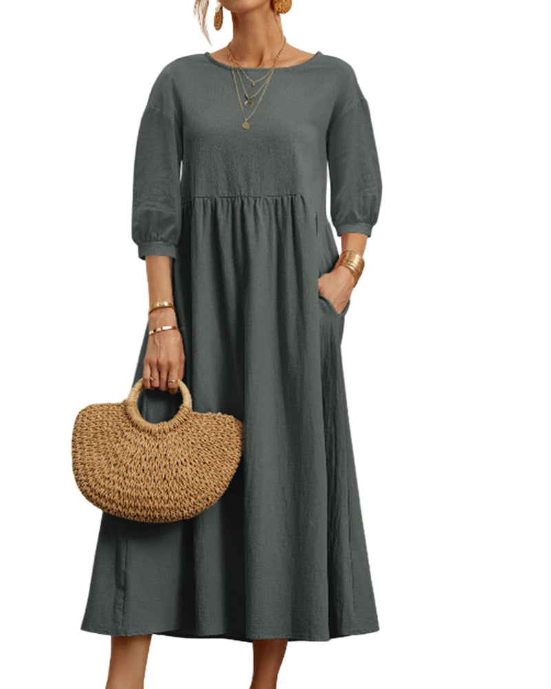 Women's Midi Dress With Round Neckline And Lateral Hemline