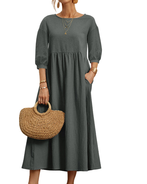 Women's Midi Dress With Round Neckline And Lateral Hemline