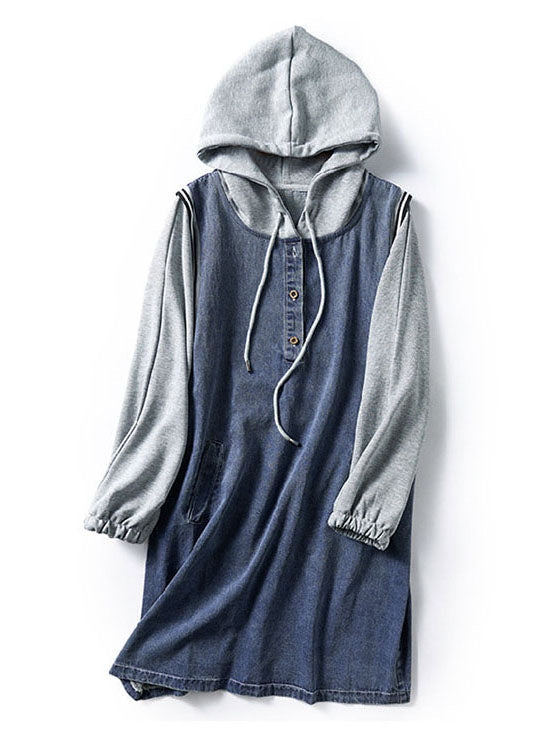 Women's Midi Dress with Hood and Buttons in Denim