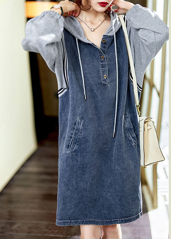 Women's Midi Dress with Hood and Buttons in Denim