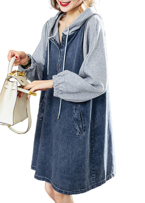 Women's Midi Dress with Hood and Buttons in Denim
