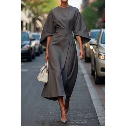 Women's Midi Dress with Lantern Sleeves and Belt