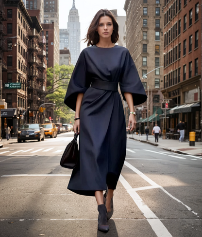 Women's Midi Dress with Lantern Sleeves and Belt