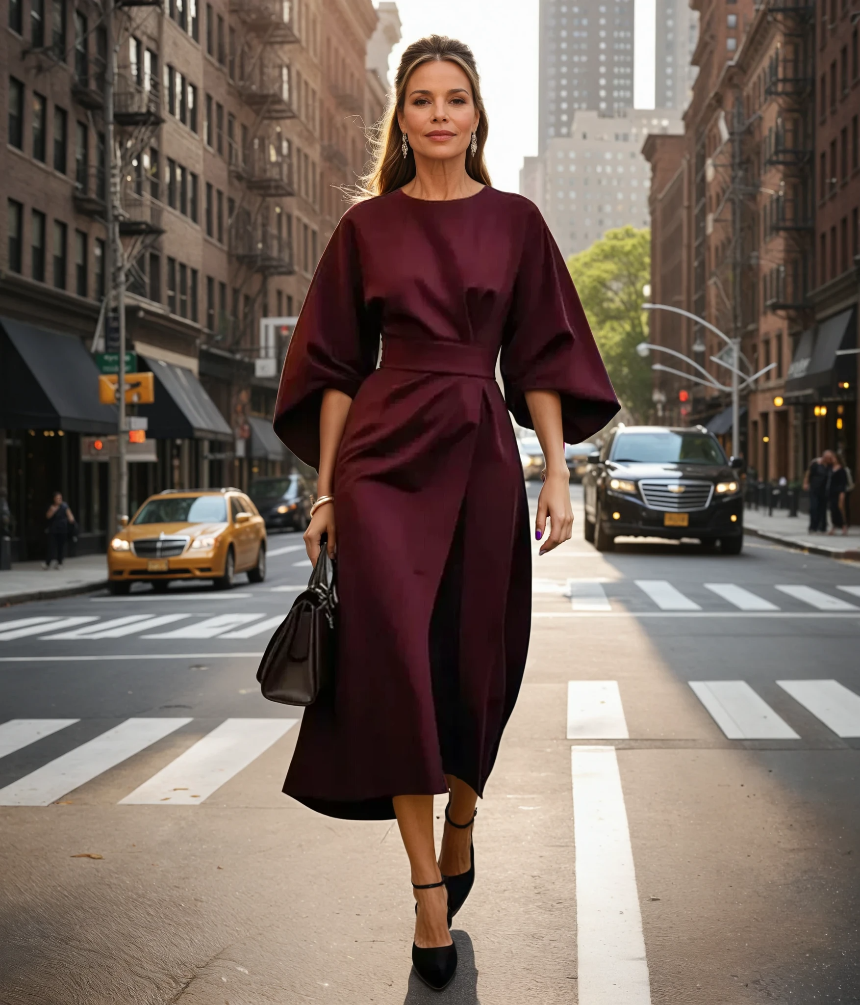 Women's Midi Dress with Lantern Sleeves and Belt