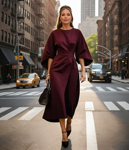 Women's Midi Dress with Lantern Sleeves and Belt