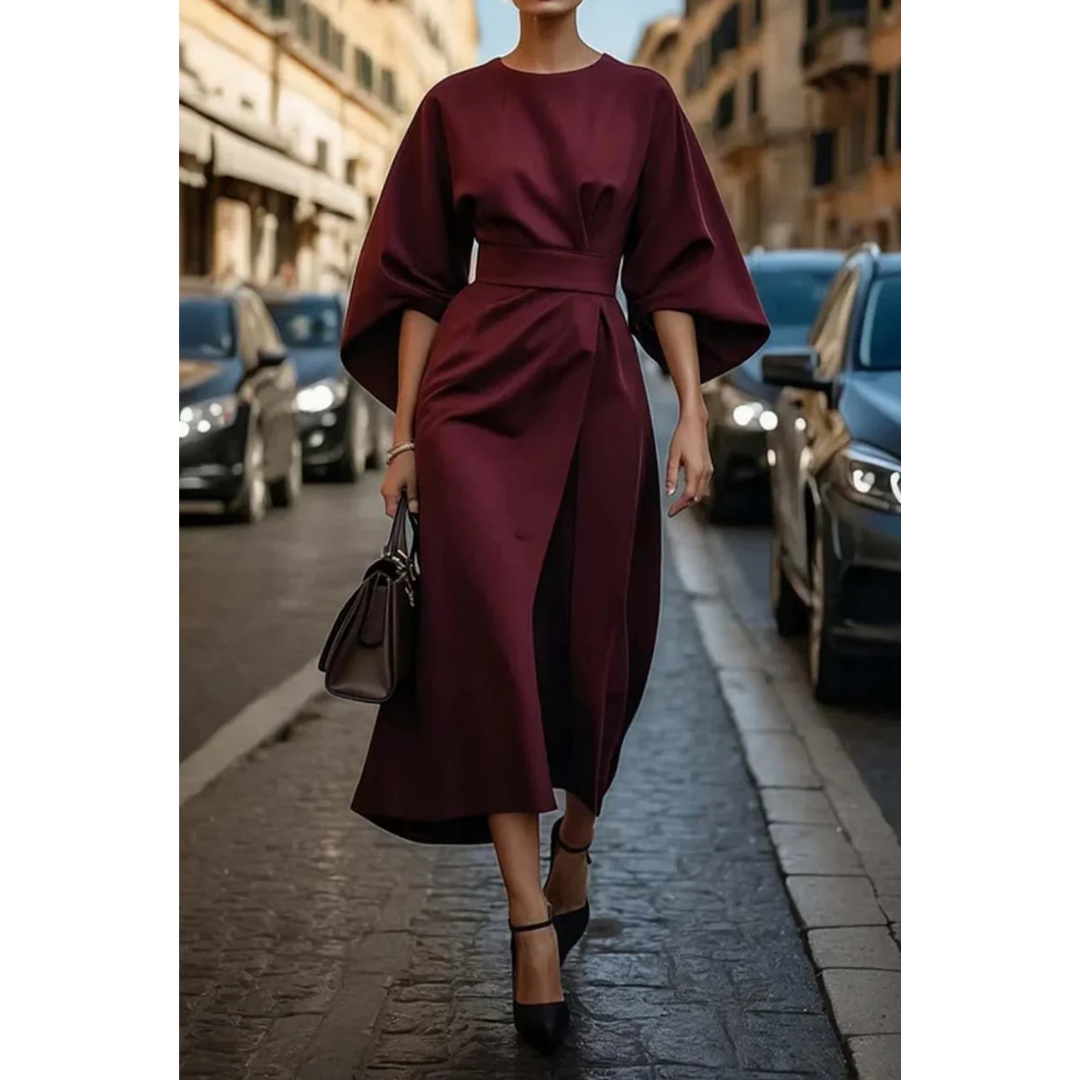 Women's Midi Dress with Lantern Sleeves and Belt