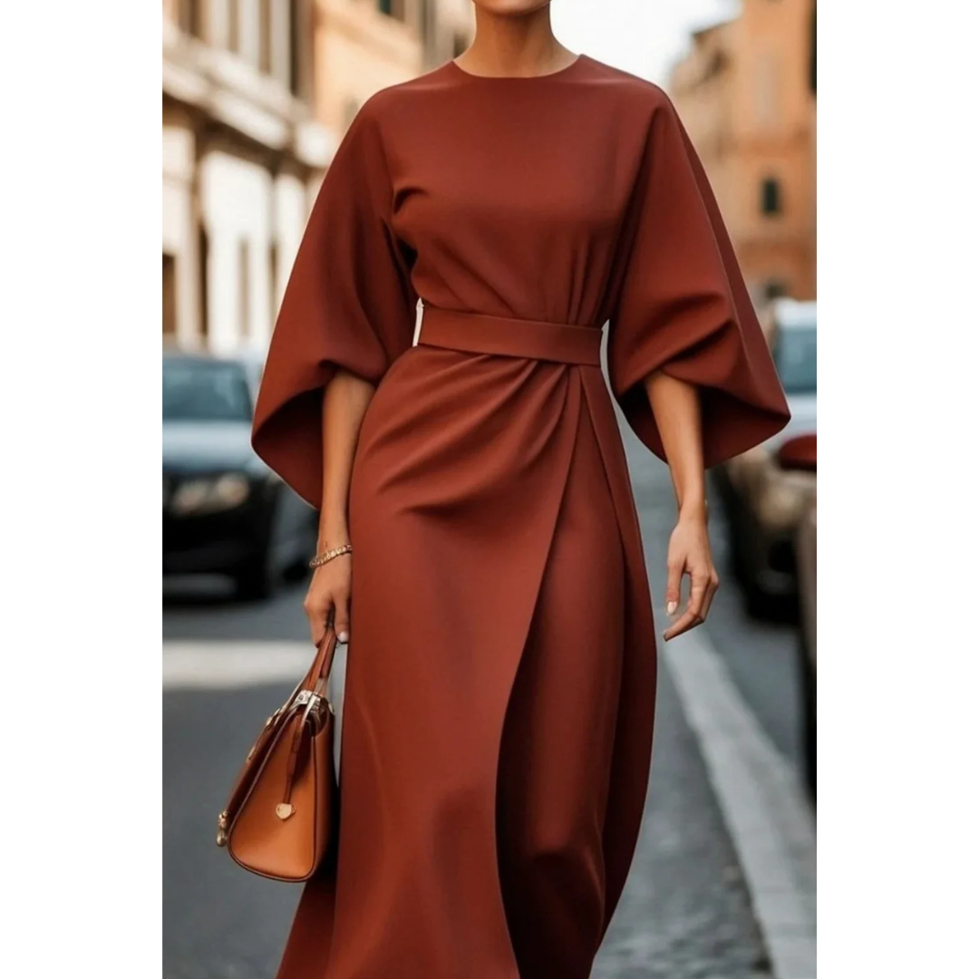 Women's Midi Dress with Lantern Sleeves and Belt