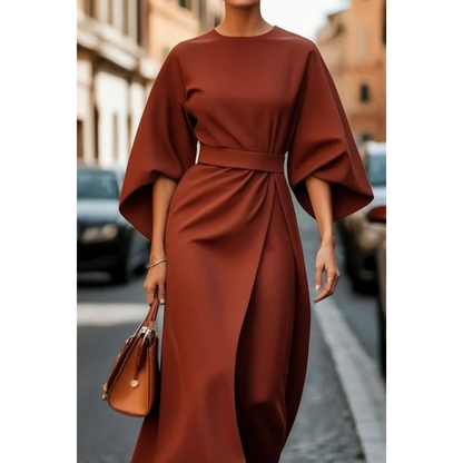 Women's Midi Dress with Lantern Sleeves and Belt