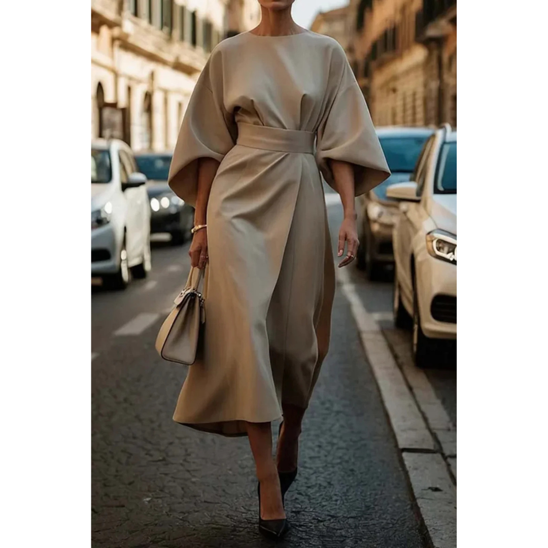 Women's Midi Dress with Lantern Sleeves and Belt