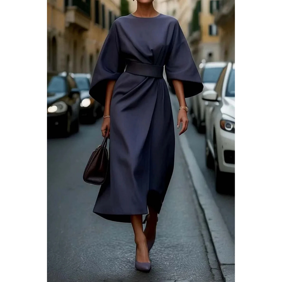Women's Midi Dress with Lantern Sleeves and Belt