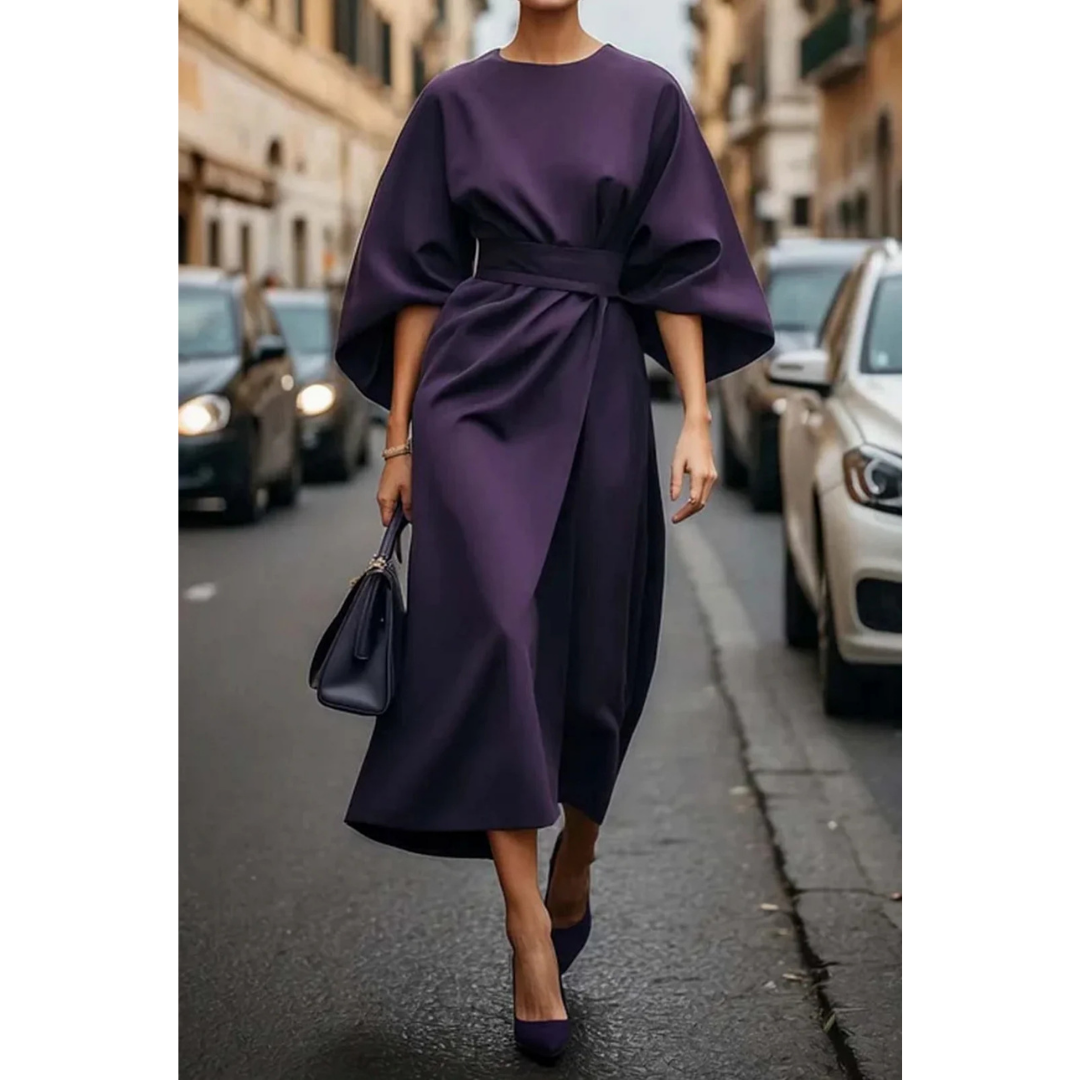 Women's Midi Dress with Lantern Sleeves and Belt