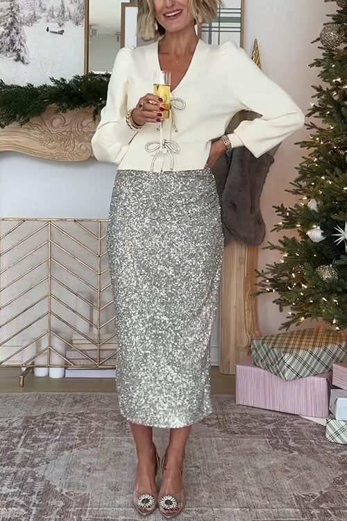 Women's Midi Party Skirt with High Waist and Sequins