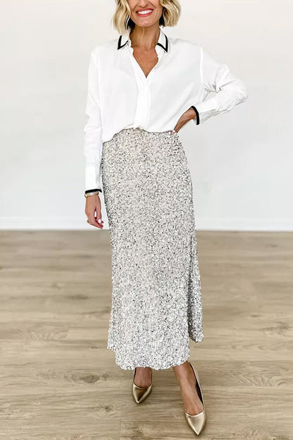 Women's Midi Party Skirt with High Waist and Sequins