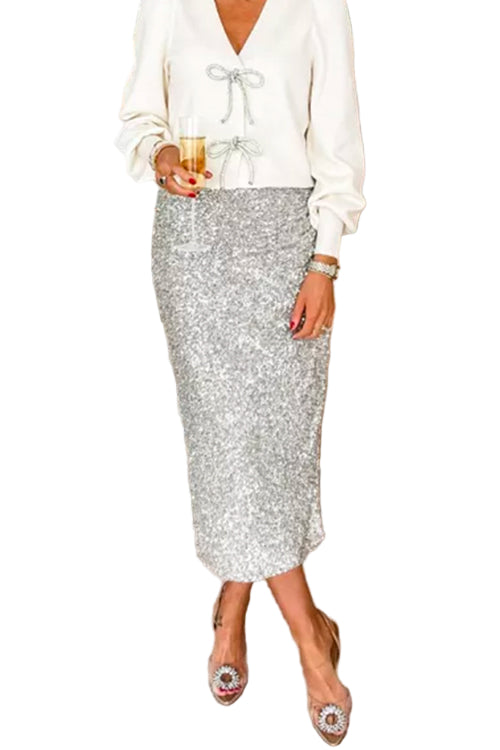 Women's Midi Party Skirt with High Waist and Sequins