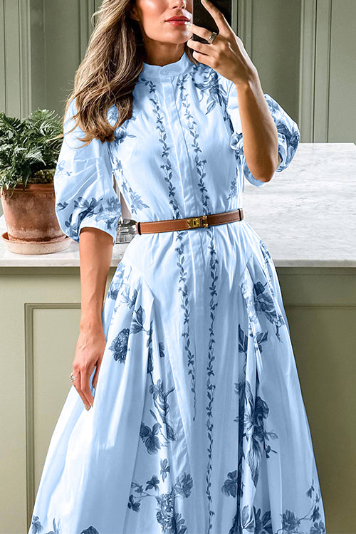 Women's Midi Shirt Dress with Stand-up Collar and Puffed Sleeves