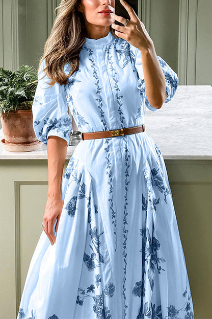 Women's Midi Shirt Dress with Stand-up Collar and Puffed Sleeves