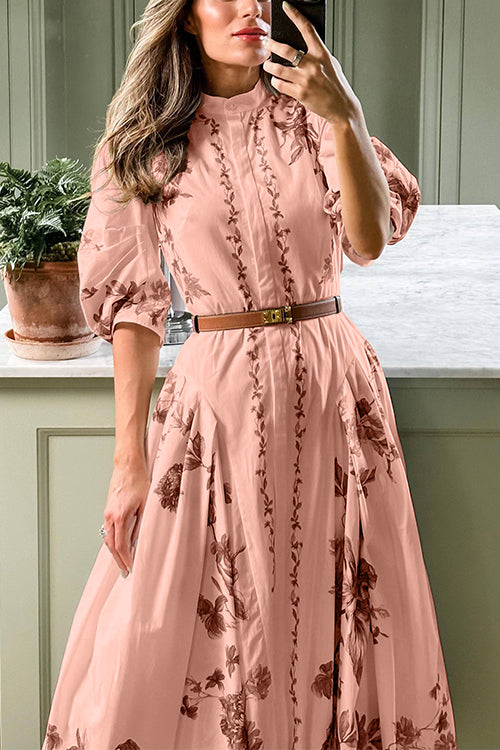 Women's Midi Shirt Dress with Stand-up Collar and Puffed Sleeves