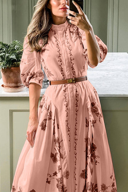 Women's Midi Shirt Dress with Stand-up Collar and Puffed Sleeves