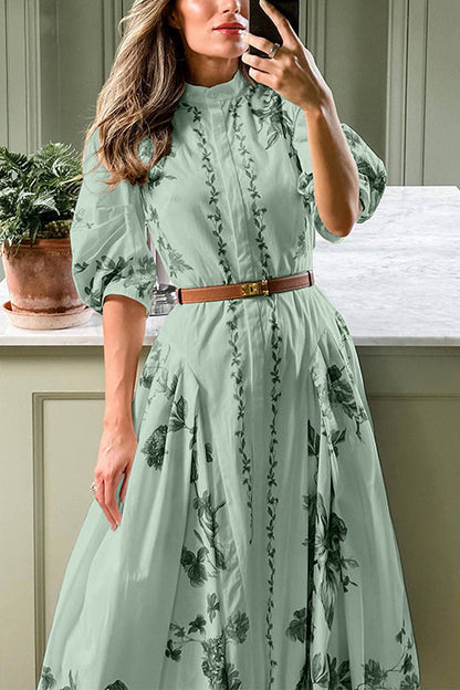Women's Midi Shirt Dress with Stand-up Collar and Puffed Sleeves