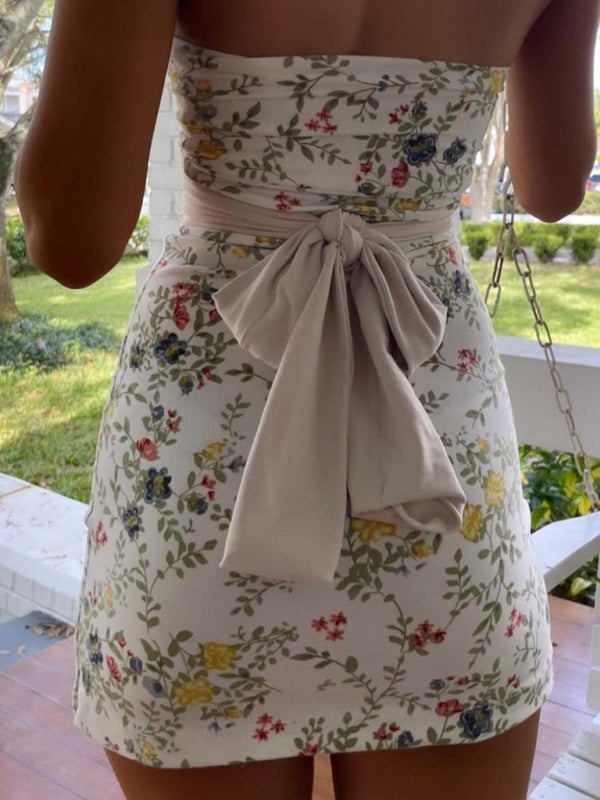 Women's Mini Dress Floral Print Strapless With Detachable Back Strap