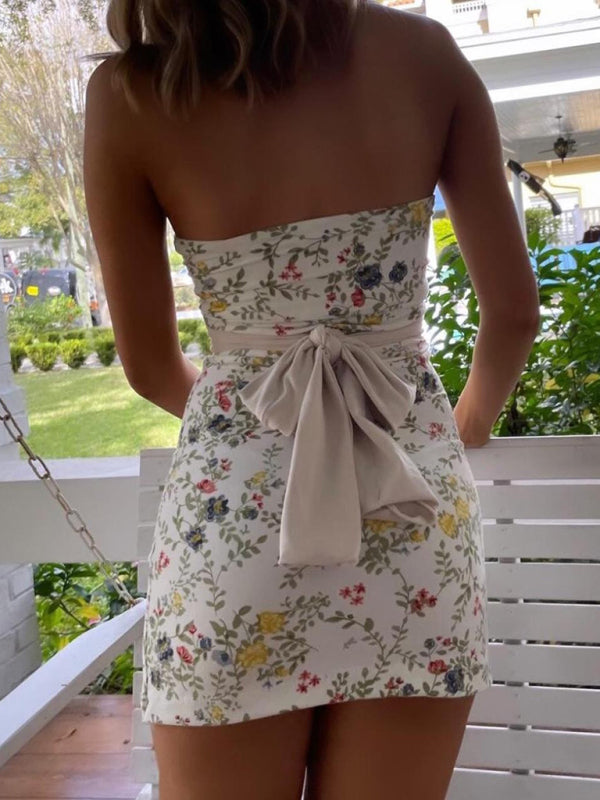 Women's Mini Dress Floral Print Strapless With Detachable Back Strap