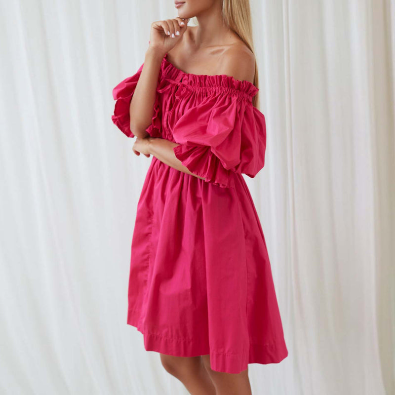 Women's Mini Dress Off-Shoulder Cotton with Short Puffed Sleeves