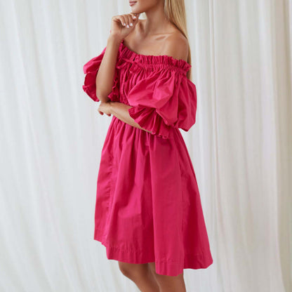 Women's Mini Dress Off-Shoulder Cotton with Short Puffed Sleeves