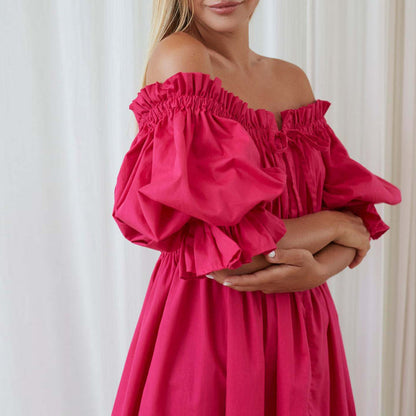 Women's Mini Dress Off-Shoulder Cotton with Short Puffed Sleeves
