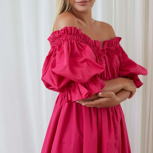 Women's Mini Dress Off-Shoulder Cotton with Short Puffed Sleeves
