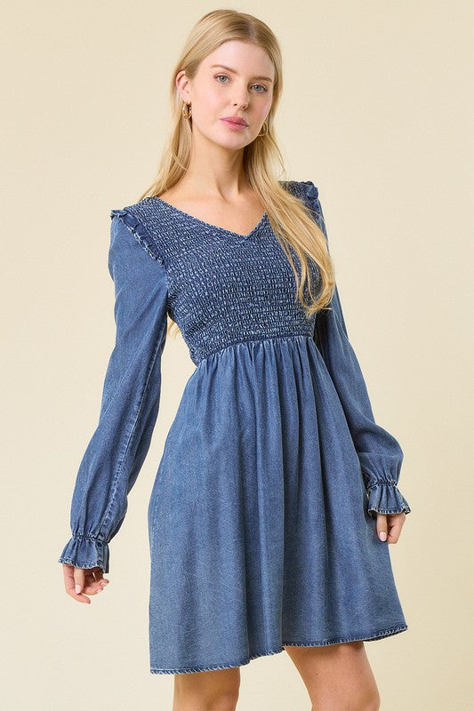 Women's Mini Dress V-Neck Ruffled Denim