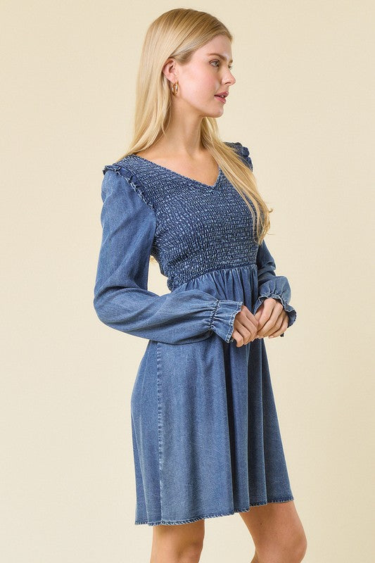 Women's Mini Dress V-Neck Ruffled Denim