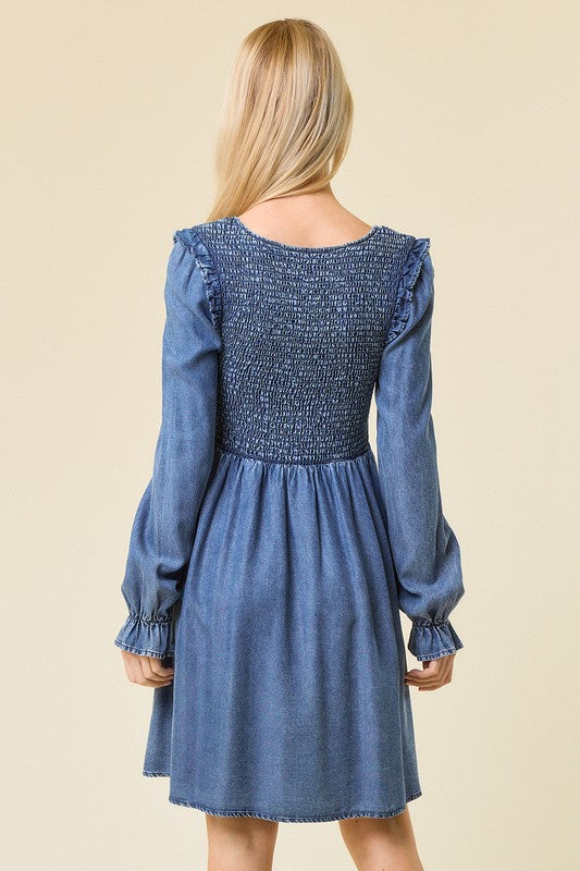 Women's Mini Dress V-Neck Ruffled Denim