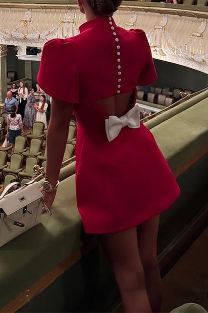 Women's Mini Dress with Stand-up Collar and Flower Sleeves