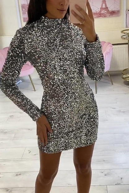 Women's Mini Party Dress With Mockneck and Sequins